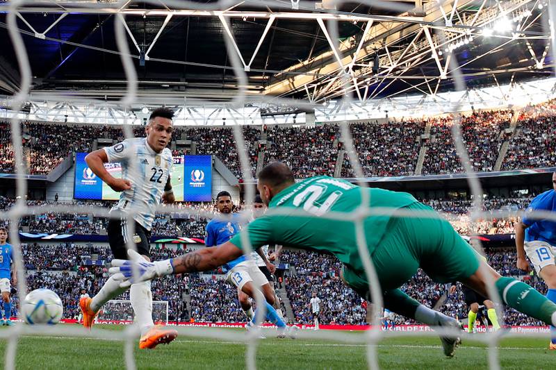 Argentina striker Lautaro Martinez scores the opening goal in the 3-0 win against Italy at Wembley Stadium in London. AFP