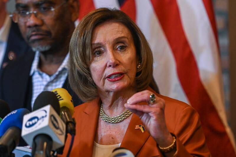 Nancy Pelosi speaks to the media after her meeting with Mr Zelenskyy in Kyiv. Getty 