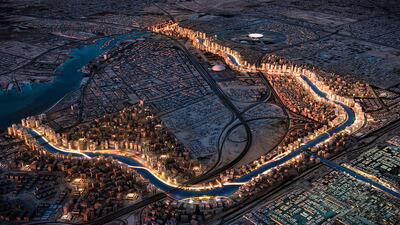 A rendering of Marafy with its horseshoe-shaped waterway. Photo: Roshn