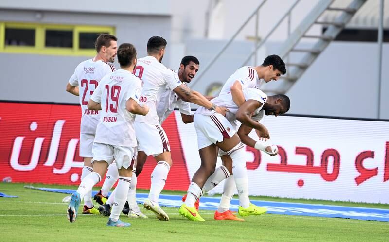 Al Wahda players celebrate with Fares Juma after he opened the scoring in the 4-0 win over Al Bataeh in the Adnoc Pro League. Photo: PLC