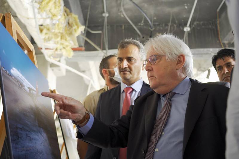 UN Special Envoy for Yemen Martin Griffiths looks at images depicting last week's attack at Aden airport, upon arrival in Aden, Yemen. EPA