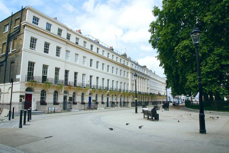 A view across Fitzroy Square in London's prime residential borough of Fitzrovia, one of the central city areas where rents have surged. Loop Images / UIG via Getty Images