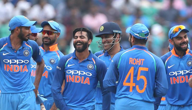 India's Ravindra Jadeja, center without cap, celebrates with teammates the dismissal of West Indies' Shimron Hetmyer during the fifth and last one-day international cricket match between India and West Indies in Thiruvananthapuram, India, Thursday, Nov. 1, 2018. (AP Photo/Aijaz Rahi)