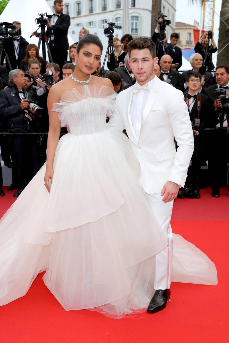 Priyanka Chopra in Georges Hobeika and Nick Jonas attend the screening of 'Les Plus Belles Annees D'Une Vie' during the Cannes Film Festival on May 18, 2019. Getty Images
