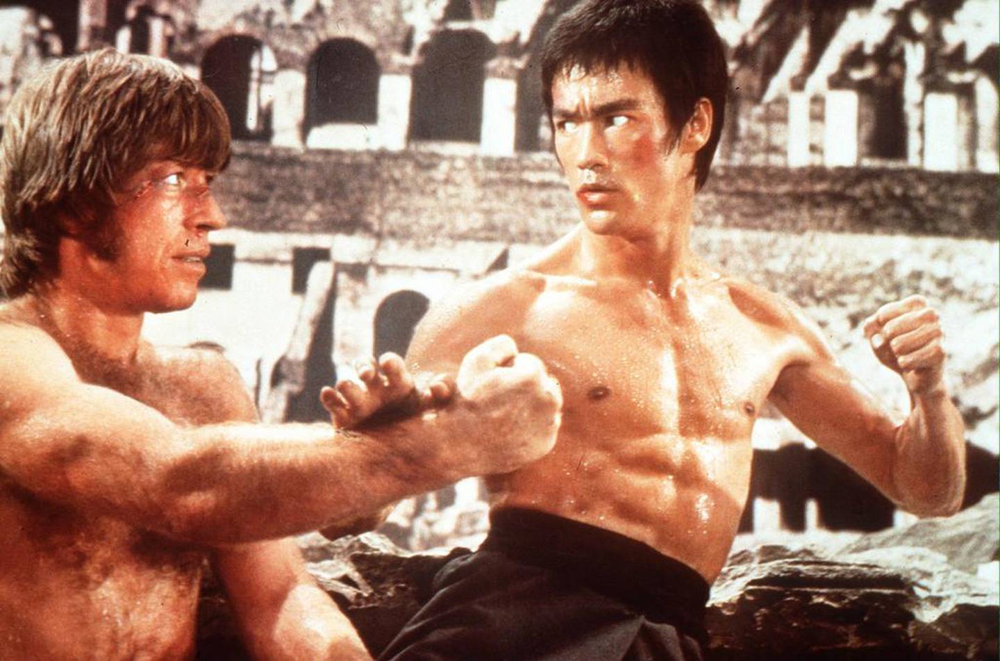 Bruce Lee, right, and Chuck Norris, during the filming of 'The Way of the Dragon'.