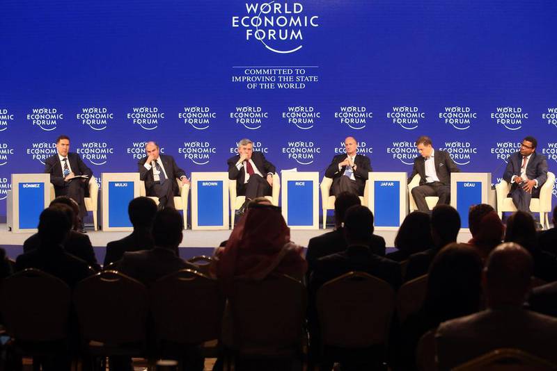 An all-male panel at the World Economic Forum. The lack of women on panels contributes to their maginalisation, writes Shelina Janmohamed (AFP PHOTO / KHALIL MAZRAAWI)