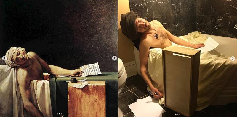 The picture that started it all. One of the roommates behind @CovidClassics poses in the bathtub with a towel wrapped around his head to recreate Jacques-Louis David's 'The Death of Marat'. Via @covidclassics / Instagram