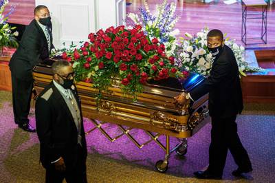 The casket containing the remains of George Floyd is seen during a memorial service. AFP