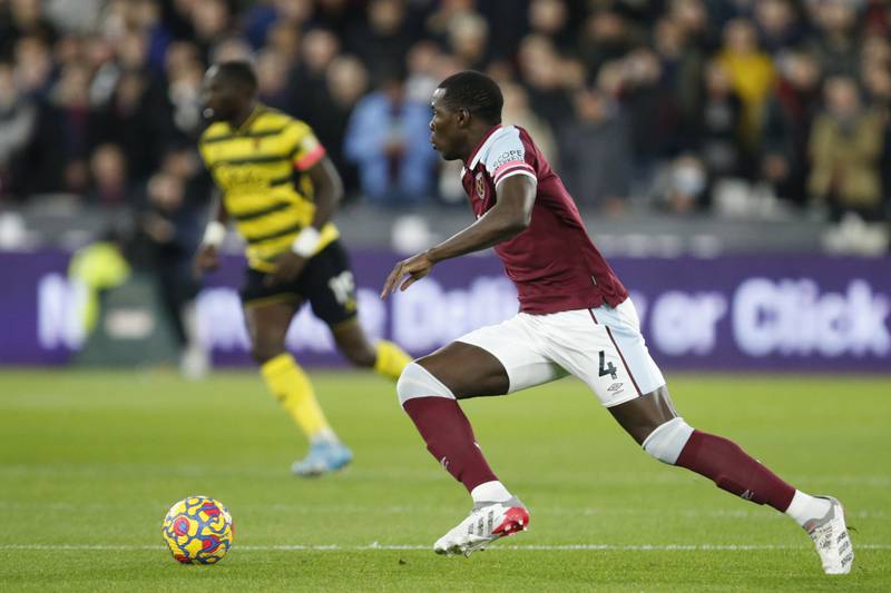 Kurt Zouma runs with the ball during the game between West Ham and Watford. AP