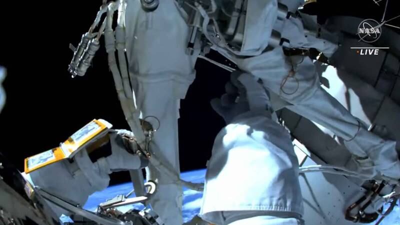 The spacewalk officially began at 5.11pm when their spacesuits switched to battery power