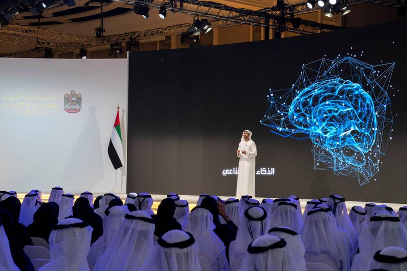 ABU DHABI, UNITED ARAB EMIRATES - November 27, 2018: HE Omar bin Sultan Al Olama, UAE Minister of State for Artificial Intelligence (on stage C), delivers a speech during the UAE Government Annual Meeting at the St Regis Saadiyat.

( Mohamed Al Hammadi / Ministry of Presidential Affairs )
---
