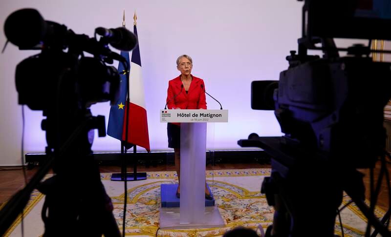 France's Prime Minister Elisabeth Borne gives a speech after the first results of the parliamentary elections at Matignon in Paris. EPA