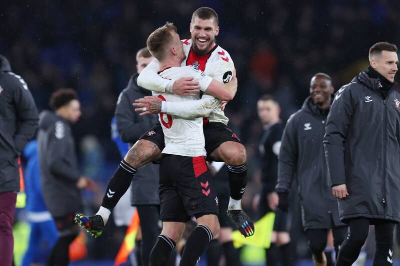  Lyanco of Southampton celebrates with teammate James Ward-Prowse following their victory. Getty