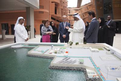 ABU DHABI, UNITED ARAB EMIRATES - March 07, 2016: Joe Biden, Vice President of the United States of America (4th R), speaks with HE Dr Sultan Ahmed Al Jaber UAE Minister of State and Chairman of Masdar (3rd R) during a tour of Masdar City. Seen with HE Reem Ibrahim Al Hashemi Minister of State for International Cooperation (R), Dr Nawal Al Hosany (3rd L) and HE Barbara Leaf Ambassador of the United States of America to the UAE (2nd L). 

( Razan Al Zayani for Crown Prince Court - Abu Dhabi )
--- *** Local Caption ***  20160307RA_MG_9492.JPG