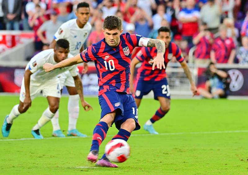 USA's Christian Pulisic takes a penalty against Panama in Florida on March 27, 2022. AFP