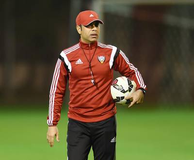 UAE coach Mahdi Ali conducts a training session for his team on Sunday for their second Gulf Cup group round match on Monday. Photo Courtesy / UAE FA