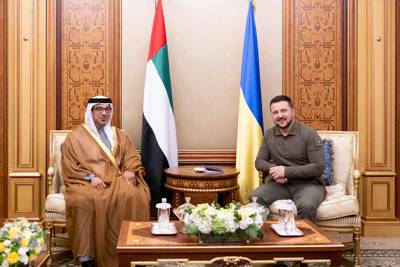Vice President Mansour bin Zayed with Ukraine's President Volodymyr Zelenskyy in Jeddah during the 32nd Arab League Summit. AFP