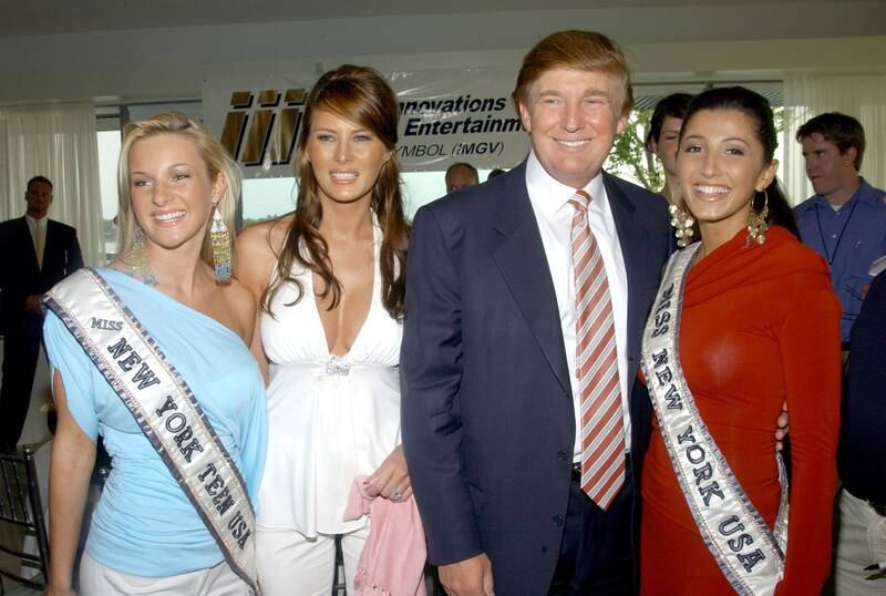 From left, Catherine Muldoon, Miss Teen USA New York, Melania Knauss, Donald Trump and  Jaclyn Nesheiwat (Stapp), Miss USA New York, in June 2004. Getty Images