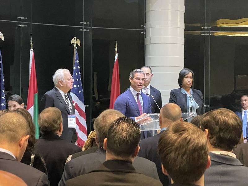 Miami Mayor Francis Suarez addresses hundreds of city leaders at the opening of the US Conference of Mayors, hosted by the UAE embassy in Washington. The National