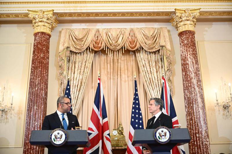 US Secretary of State Antony Blinken, right, and Britain's Foreign Secretary James Cleverly hold a joint press conference at the State Department in Washington. AFP