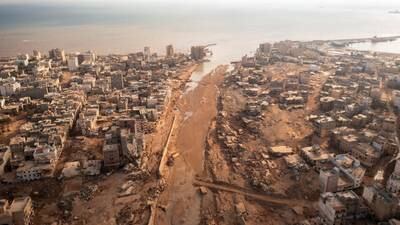 An aerial view shows the destruction from flooding in the city of Derna, eastern Libya. Reuters