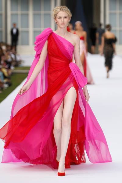 A red and fuchsia silk and chiffon couture gown by Ralph & Russo will also feature in the auction. Courtesy Sotheby's