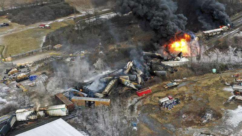 Portions of a Norfolk and Southern freight train on fire after it derailed in East Palestine, Ohio. AP