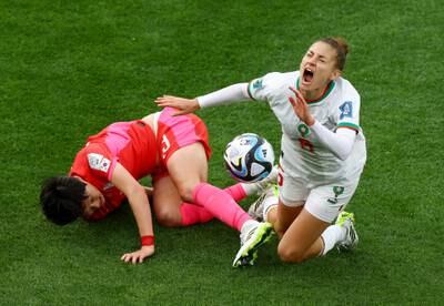 South Korea's Hong Hye-ji in action with Morocco's Elodie Nakkach. Reuters