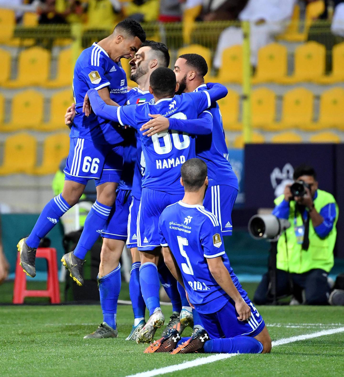 Al Nasr players react around Tozo after the Portuguese netted their second goal to beat Shabaab Al Ahli 2-1 in the Arabian Gulf Cup final at Zabeel stadium in Dubai on Friday. Courtesy Arshad Khan Aboobaker/PLC
