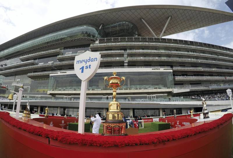 DUBAI , UNITED ARAB EMIRATES , MARCH 30  – 2018 :-  Trophies of all the 9 horse races on display before the start of Dubai World Cup held at Meydan Racecourse in Dubai. ( Pawan Singh / The National ) For News/Sports/Instagram/Big Picture. Story by Amith/Rupert