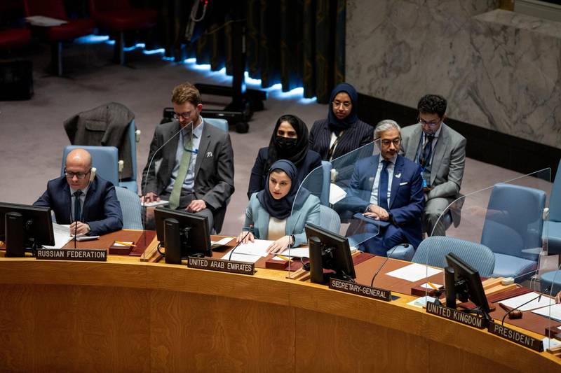 At the UN Council meeting, Sarah Al Amiri called for a 'fair and equitable distribution of vaccines'. Photo: UAE Mission to the UN