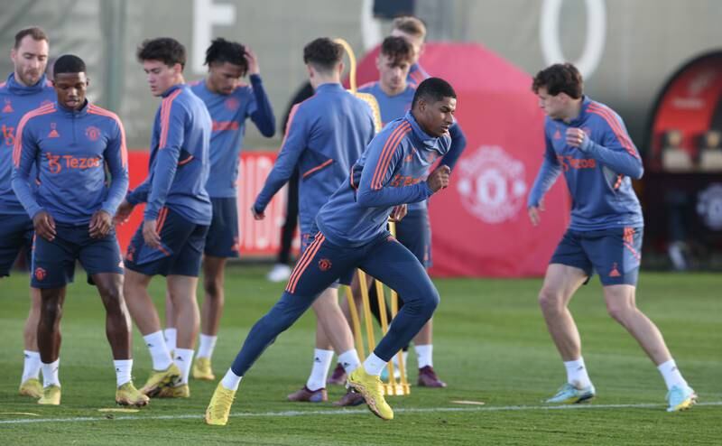 Manchester United's Marcus Rashford in training at Carrington for the Aston Villa League Cup game. All pictures Getty