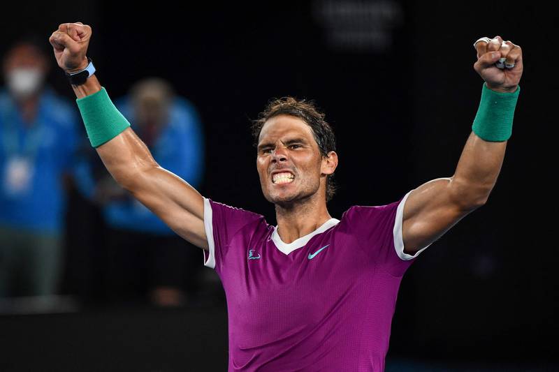 Rafael Nadal celebrates after victory against Matteo Berrettini in the Australian open singles semi-final in Melbourne on Friday, January 28, 2022. AFP