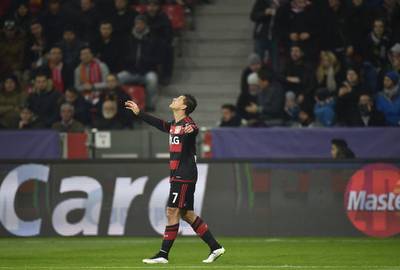 Javier Hernandez of Bayer LEverkusen celebrates after scoring the second goal against AS Roma on Tuesday night in the Champions League. Martin Meissner / AP
