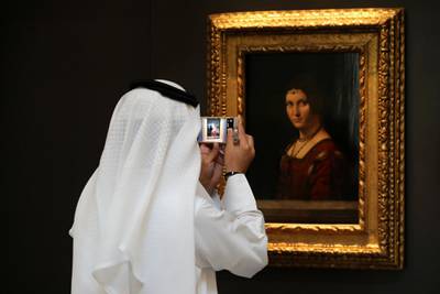 Abu Dhabi, United Arab Emirates - November 6th, 2017: Piece: Leonardo da Vinci's portrait La Belle Ferronière at the Louvre. Louvre Media Day. Monday, November 6th, 2017 at Louvre, Abu Dhabi. Chris Whiteoak / The National