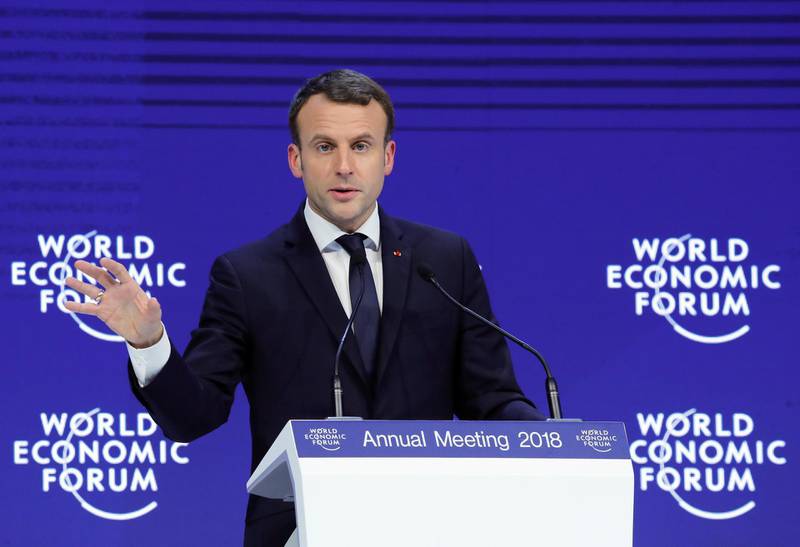 France's president Emmanuel Macron gestures as he speaks during the World Economic Forum (WEF) annual meeting in Davos. Denis Balibouse / Reuters