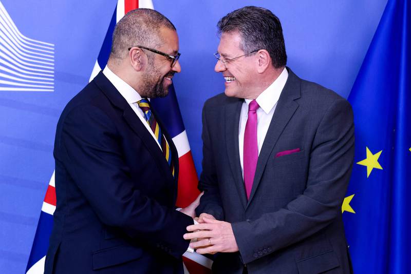 Britain's Foreign Secretary James Cleverly is welcomed by European Commission Vice President Maros Sefcovic. AFP