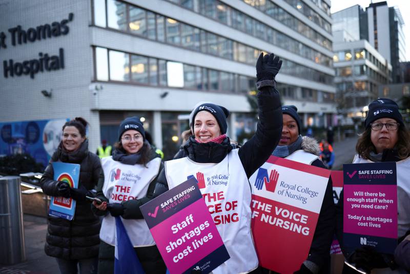 Nurses brave the cold for the strike in London. Reuters