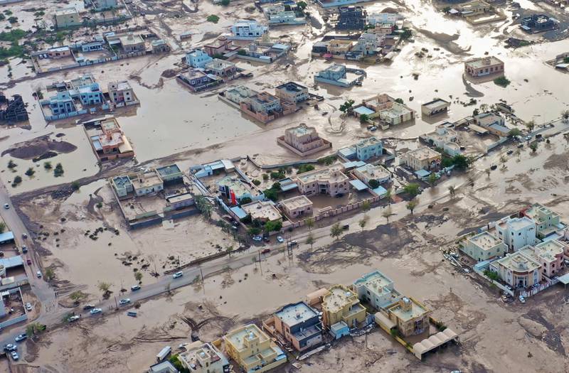An aerial view of the aftermath of Cyclone Shaheen in Al Khaburah city of Oman's Al Batinah region, on October 4, 2021. AFP