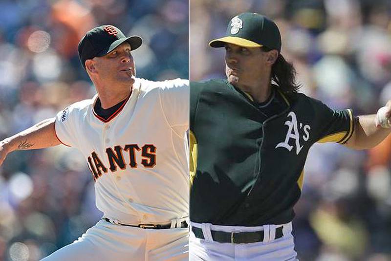 Tim Hudson and Barry Zito combined to pitch 13 seasons with the Oakland A's and later 9 with the cross-bay San Francisco Giants. (Jason O Watson / Getty Images / AFP and Ben Margot / AP)