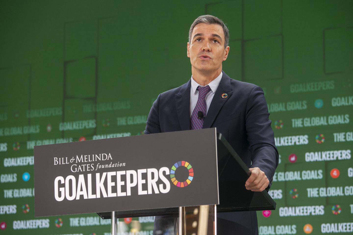 Spanish Prime Minister Pedro Sanchez speaks at the Goalkeepers event hosted by the Bill and Melinda Gates Foundation in New York. EPA