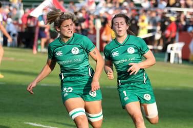Erin King ( no 13 left ) from Ireland team during the match between Ireland (green) vs USA (white) held at The Sevens stadium on the second day of the Emirates Dubai Rugby Sevens series in Dubai on 3rd December, 2021. Pawan Singh/The National. Story by Paul 