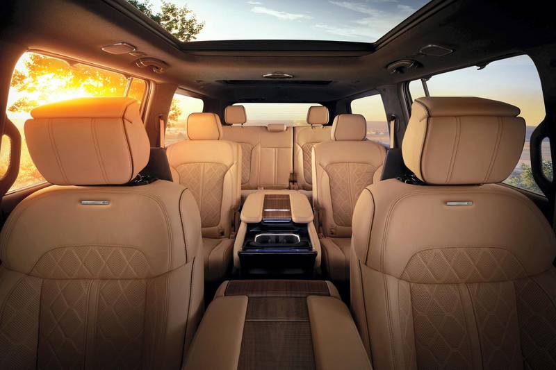 All-new 2022 Grand Wagoneer features hand-wrapped, quilited Palermo leather seats in all three rows. 