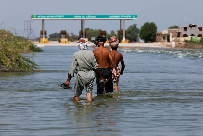Motorways in Sehwan are flooded, making road travel impossible. Reuters