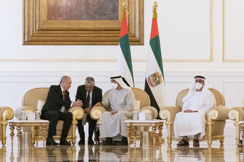 Mr Erdogan offers condolences to Sheikh Mohamed, seen with Sheikh Saif bin Zayed, Deputy Prime Minister and Minister of Interior.