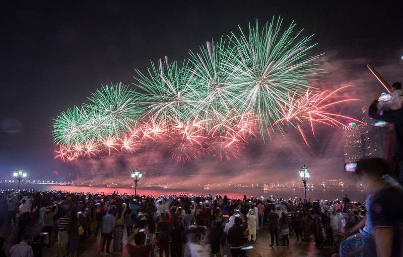 Abu Dhabi, United Arab Emirates - Fireworks display at Abu Dhabi Corniche, Breakwater.  Leslie Pableo for The National