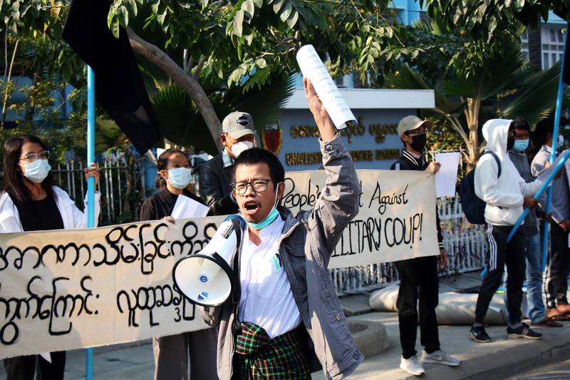 People protest on the street against the military after Monday's coup, outside the Mandalay Medical University in Mandalay, Myanmar. Reuters
