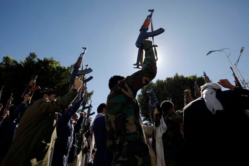 Houthi rebels shout slogans during a gathering in Sanaa on January 27, to mobilise more fighters to the battle fronts, amid an escalating war in Yemen. EPA