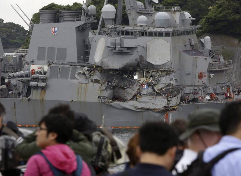 The damaged USS Fitzgerald at the US naval base in Yokosuka, south-west of Tokyo. Eugene Hoshiko / AP Photo