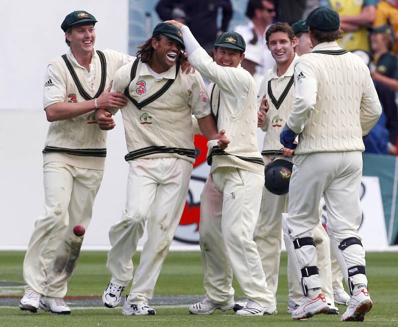Andrew Symonds celebrated with teammates after catching out Kevin Pietersen during a Test match between Australia and England. PA